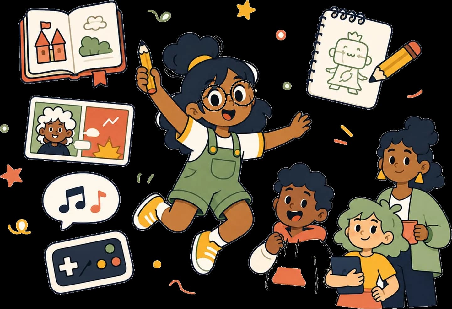 A child leaping with joy among the storybook, comic, song, and game they made.