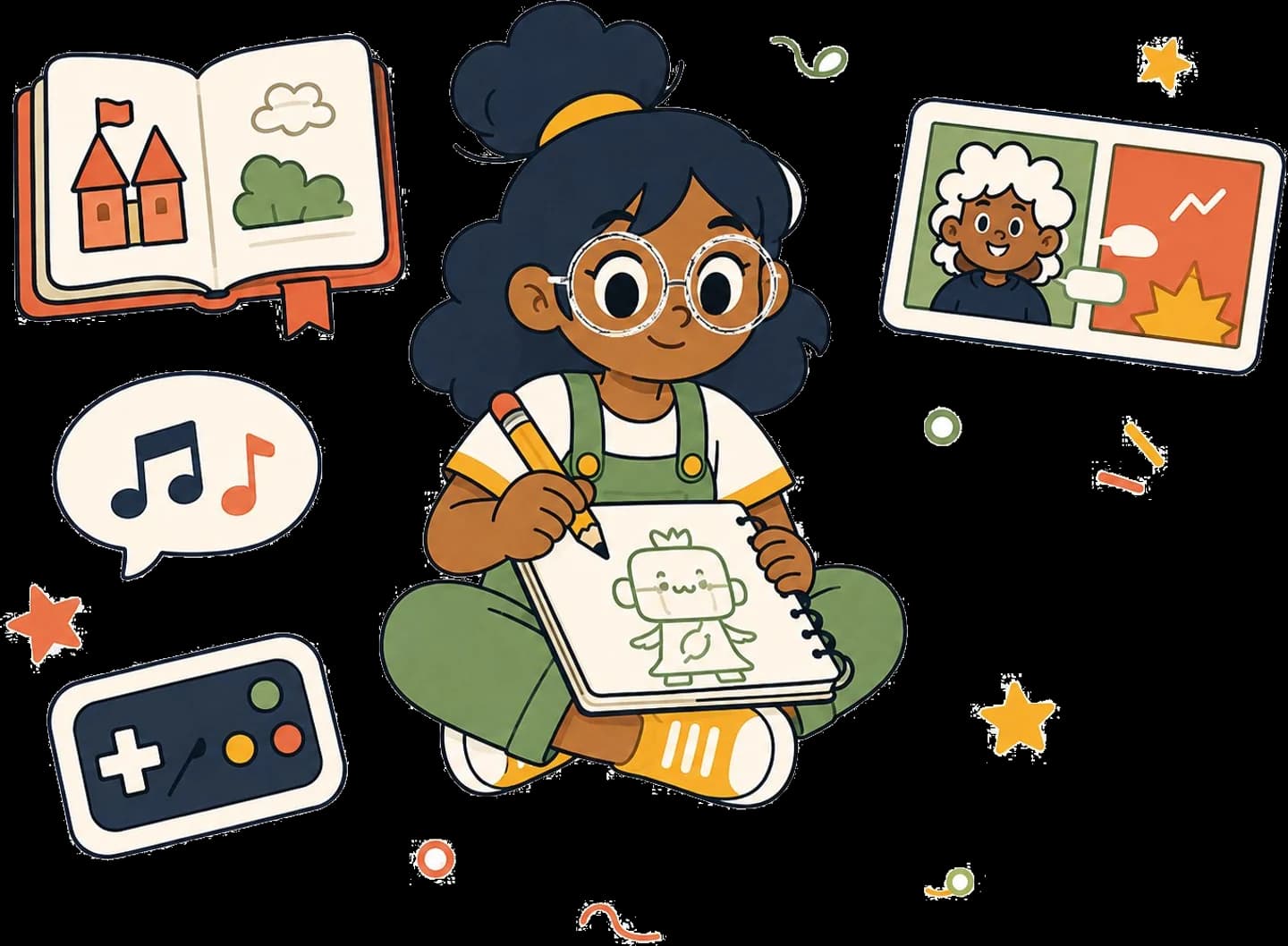 A kid surrounded by the storybook, comic, song and game she made