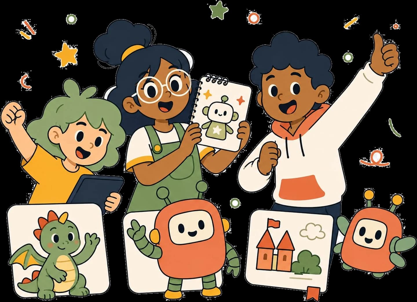 Three kids holding up the things they made, looking ahead